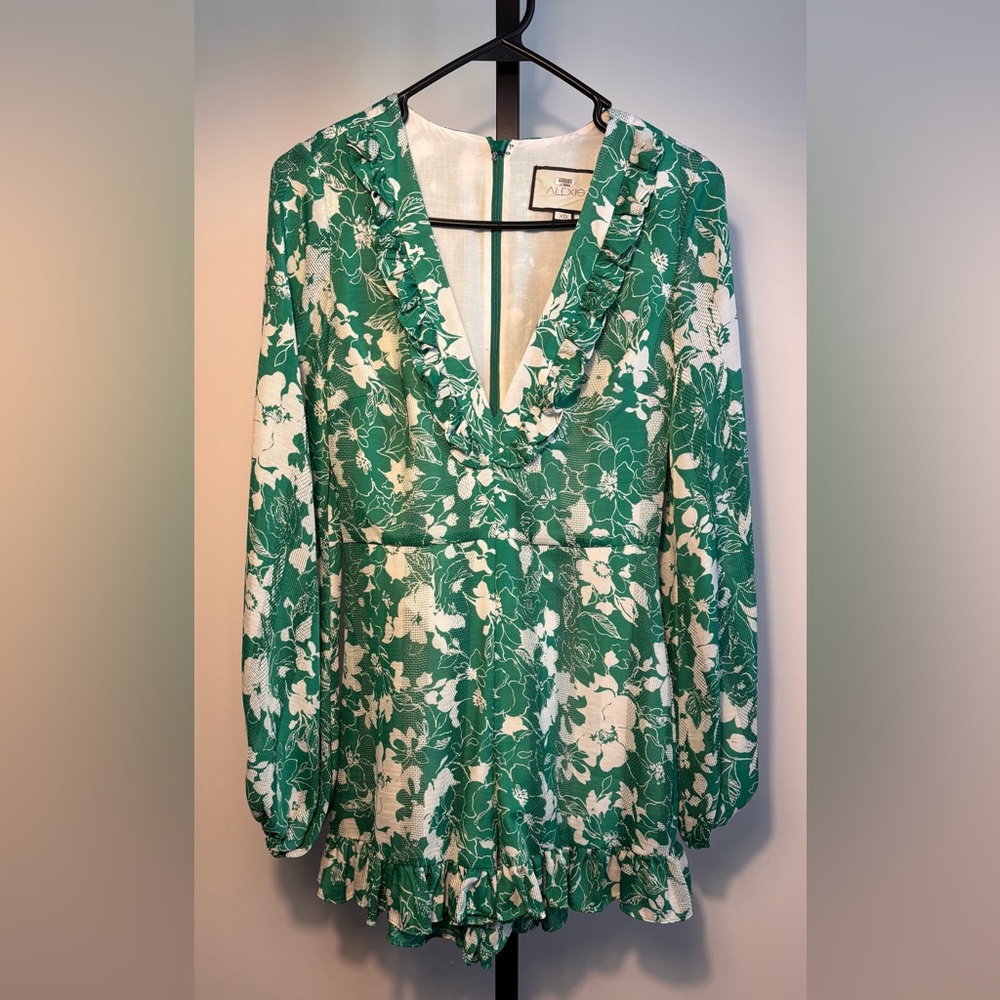Alexis Green and White Floral V-Neck Ruffle Romper